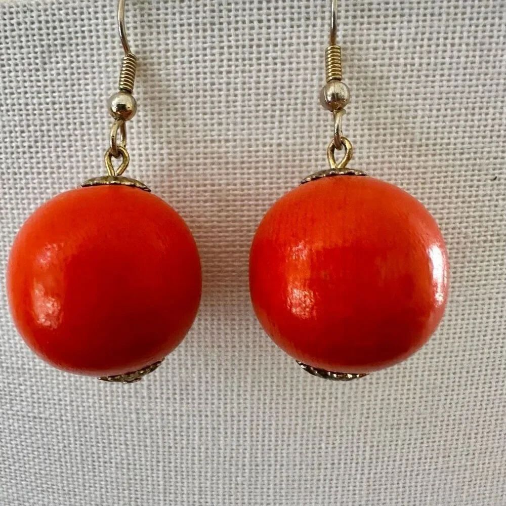 Orange wood ball drop earrings